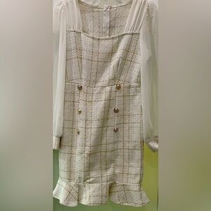 BRAND NEW Shein  w/out tag White/Gold Tweed Dress Long Sl Ornamental Buttons S